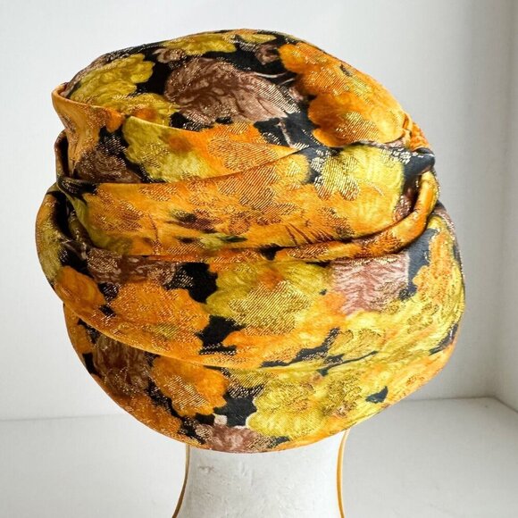 Vintage Custom Made Floral Orange Brown Gold Lurex Pill Box Hat M - Picture 5 of 11